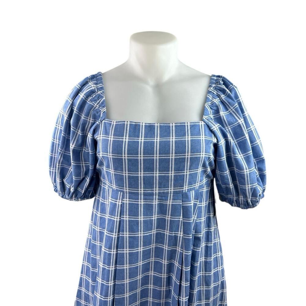 Lulus Blue White Plaid Short Puff Sleeve Pleated A Line Midi Dress Size XL - Picture 3 of 5